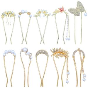 Lawie 10 Pack Cute Flower Butterfly U Shaped Gold Metal Hair Fork Pins Curved Chopsticks for Hair Sticks with Dangles French Hair Pins Bun Holder Decorative Hair Accessories for Women Girls (Gold A)