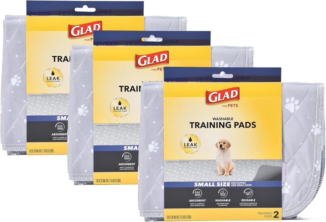 GLAD for Pets Washable Training Pads, Small Size (18"x24"), 6 Pack Gray with Paw Prints| Re-usable Cloth Dog Training Pads with 3 Layers of Leak Protection and No Slip Grip Vinyl Bottom