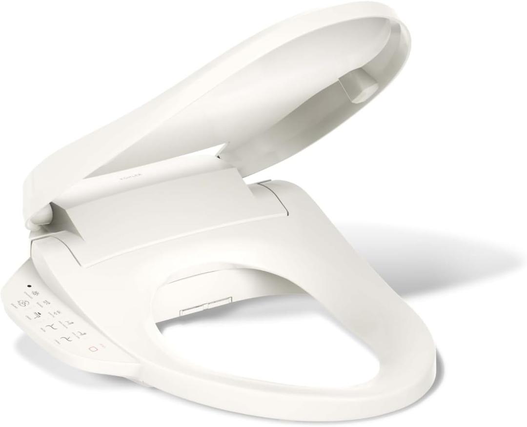 Kohler PureWash E590 Elongated Heated Bidet Toilet Seat, Biscuit with Side Panel, Warm Water, Dryer, Quiet-Close Lid, Self-Cleaning Wand, Adjustable Water Pressure and Nightlight, Easy Installation