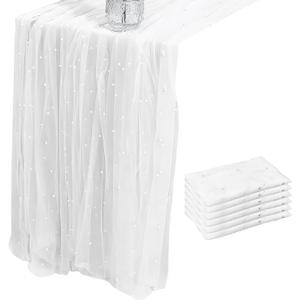Set of 6 White Pearl Table Runners, 31.5x120 Inch Tulle Fabric Wedding Table Cloth Cover Boho Runners for Bridal Shower Birthday Party Home Decor