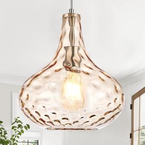 11" Amber Hammered Glass Pendant Light, Blown Glass Hanging Light Fixture with Brushed Nickel Finish, Vintage Modern Ceiling Light for Kitchen Island, Dining Room, Hallway, Living Room