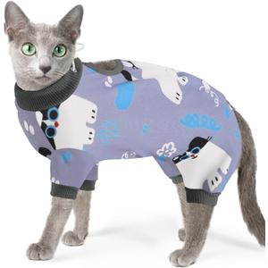 SUNFURA Cat Recovery Suit Full Body Suit, Cat Surgery Recovery Suit Female Kitten Onesie for Cats Anti-Licking, Pet Surgical Recovery Suit with Sleeves, Cat Spay Recovery Suit Male Neuter Grey-Blue S