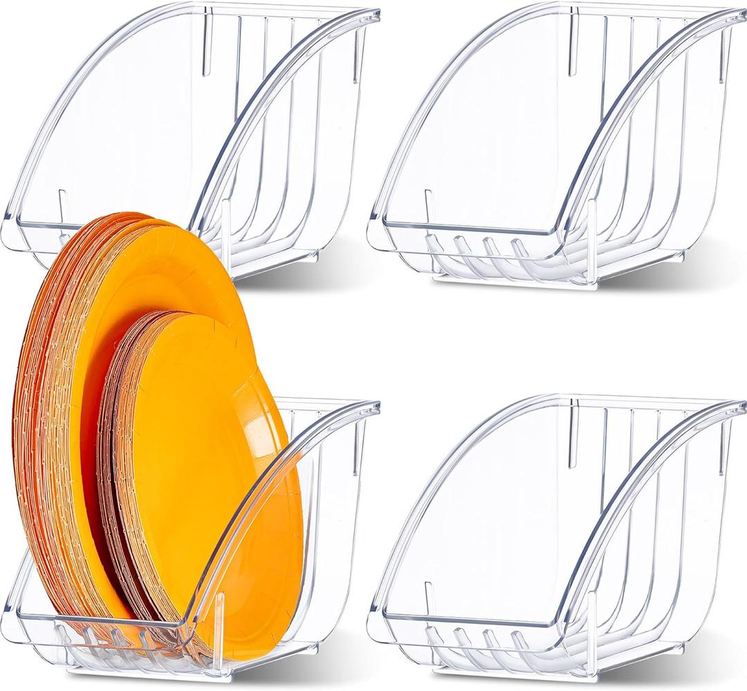 4 Pcs 10 Inch Paper Plate Holder Plastic Dinner Dish Drainer Paper Plate Dispenser Organizer for Kitchen Cabinets Storage Rack Dish Cradle for Countertop