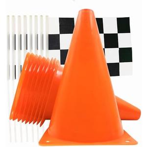 YOELVN Race Car Birthday Party Decorations - 7inch Orange Race Cones(Holes on Top) with Checkered Flags,12 Traffic Cones, 24 Racing Black and White Flags,Racecar Theme Two Fast Centerpieces Supplies(36PCS)
