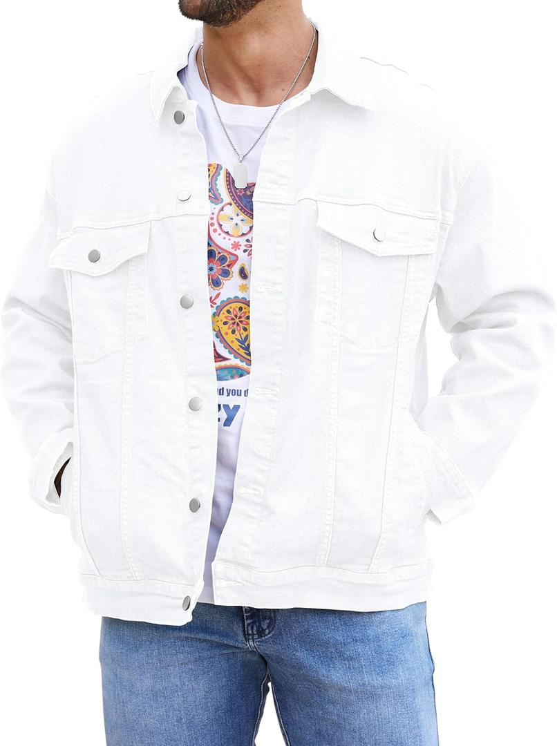 Bindefon Denim Jackets for Men Trucker Jean Jacket Unlined Coats Spring Fall Outfits (White)