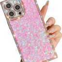 Trendy Girly Glitter Powder Compatible with iPhone 16 Pro Rectangle Case, Elegent Cute Slim Women Bling Diamond Rhinestones Plating Phone Cases(Pink,16 Pro)