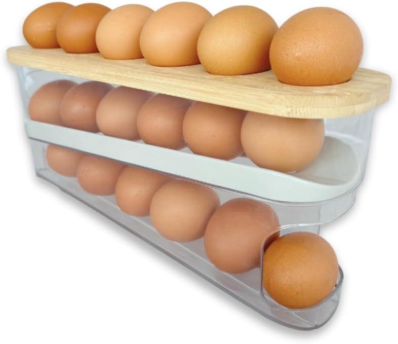 18 Egg Dispenser for Refrigerator  Durable Organizer with Wooden Lid, Space-Saving Egg Storage Bin for Freshness, Kitchen Organization, Easy Access & Stylish Design