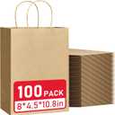 VPACKDUO 100 Pcs Gift Bags 8x4.5x10.8 Brown Kraft Paper Bags with Handles Bulk for Wedding, Party Favors, Grocery, Shopping, Retail Merchandise, Gift Sacks