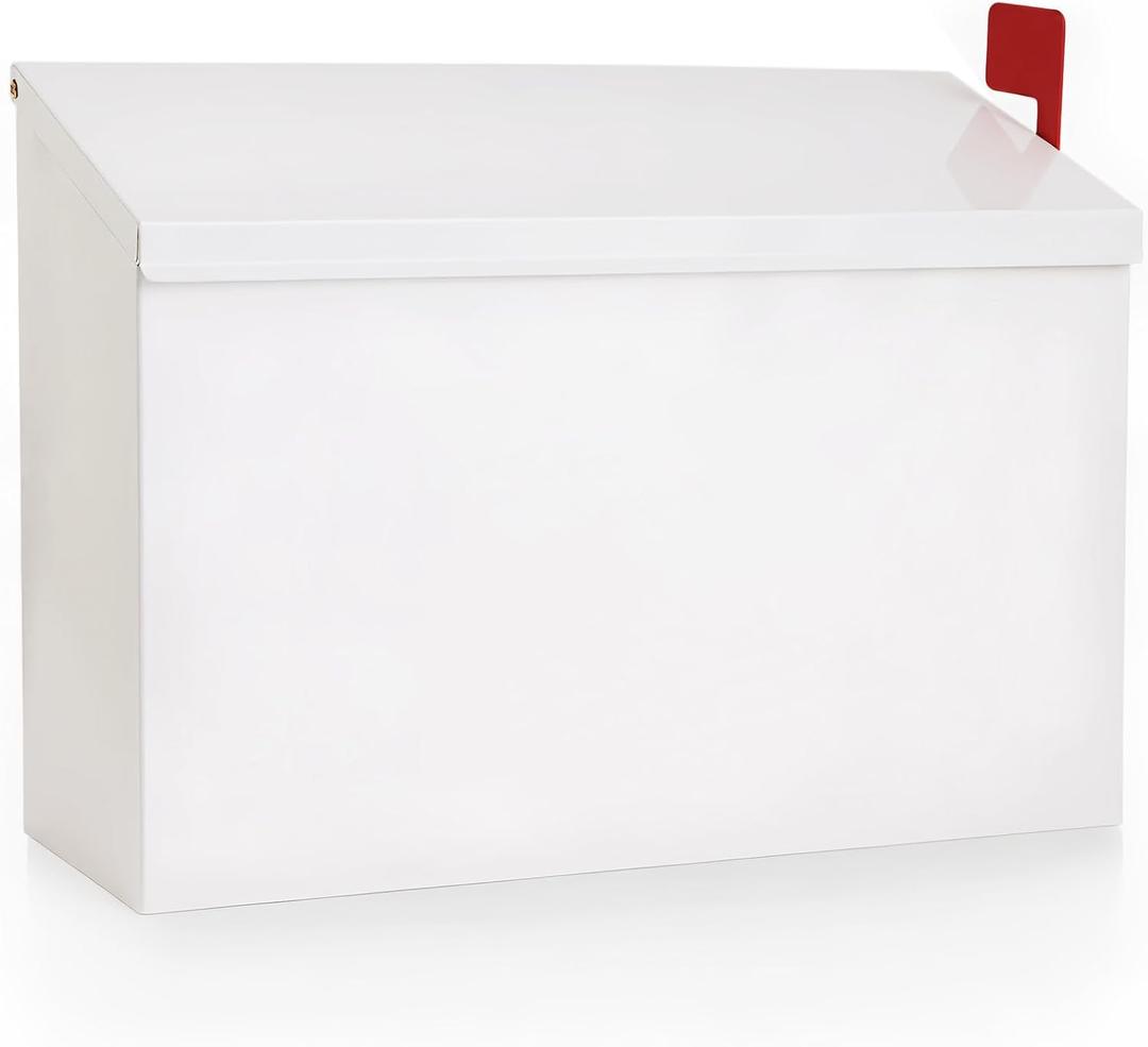 Wall Mount Mailbox for Outside with Flag, Galvanized Steel Mail Box for Post Outdoor, Large Capacity Rust-Proof Metal Postbox for House, with 3 Sets Mailbox Numbers, 14.2"x9.5"x4" White