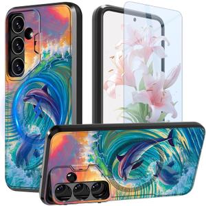 for Samsung Galaxy S25/S24 Phone Case 6.2" with Screen Protector & Camera Cover Stand [Built-in Magnets] Kickstand Dual Layer Hybrid Shockproof Magnetic Case for Galaxy S24/S25,Dolphin