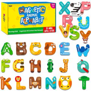 Large Size Magnetic Letters, Cute Animal Alphabet ABC Magnets for Fridge Colorful Uppercase Animals Toys Set Educational Spelling Learning Games for Kids, Toddlers 3 4 5 Years Old
