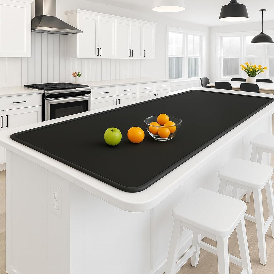 Silicone Mat 35.4"x23.6" Silicone Mats for Kitchen Counter Heat Resistant Mats for Countertop, Countertop Protector Mat, Edge Heightening Nonstick Waterproof Multipurpose Table Mat (Black)