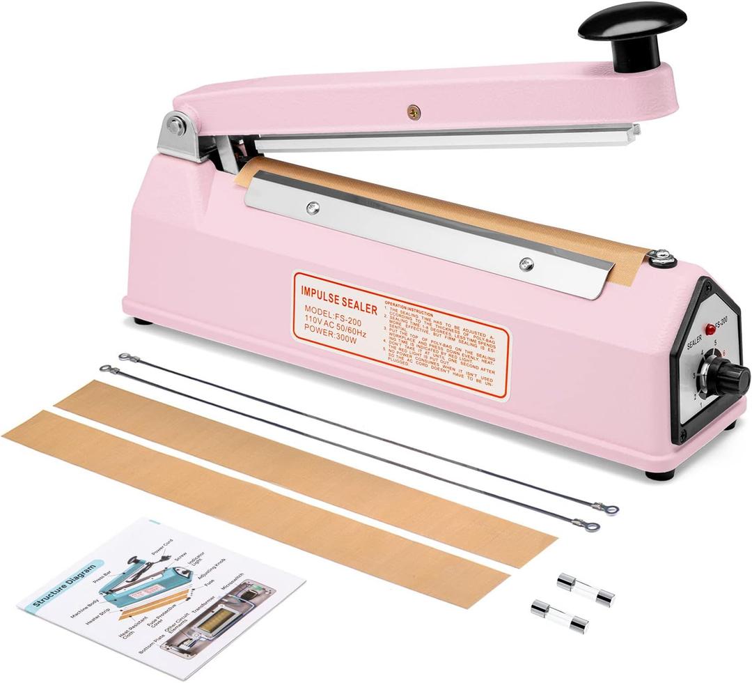 METRONIC Impulse Sealer 8 inch, Manual Heat Sealer Machine for Plastic Bags, Shrink Wrap Bag Sealers Heavy Duty Sealing Machine with Repair Kit (Pink)