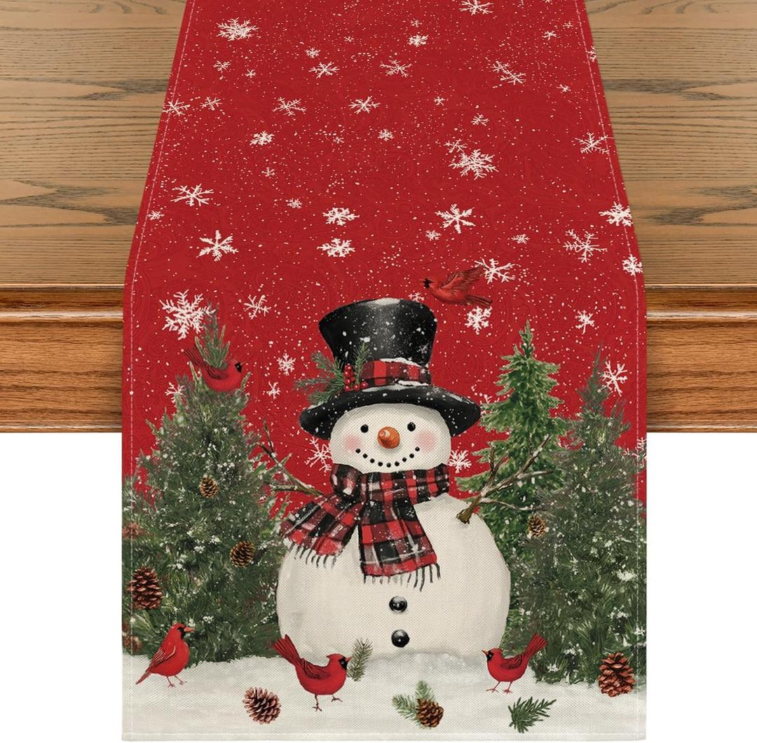 Artoid Mode Snowman Christmas Birds Trees Table Runner, Seasonal Winter Xmas Holiday Kitchen Dining Table Decoration for Home Party Decor 13 x 60 Inch (Red)