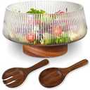 FERAHI Extra Large Salad Bowl Set with Wood Base, Ribbed Glass Salad Bowl with Serving Utensils, Clear Glass Serving Bowls for Pasta, Fruit, Desserts, Wine, Parties, Dinne, Dishwasher Safe