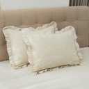 Pillow Shams Set of 2 Linen-Cotton Jacquard Fabric and Washed 100% Cotton Retro Ruffle Flounces Trim Solid Beige Decorative Pillow Cases for Home Bedroom Decor Pillow Covers 20x26 Inch Bed Pillowcases