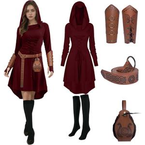 5 Pcs Renaissance Women Costume Medieval Hooded skirt Vintage Arm Guard Printed Belt and Waist bag, Small