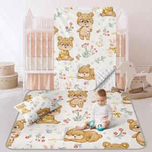 GRESATEK Baby Crib Bedding Set- Cotton 3 Piece Including Mat, Double Layer Blanket, Pillow Cover- Soft Safe Non-Slip Floor Mat - Comfortable Blanket Pillow Cover- Birthday Gift for Infant