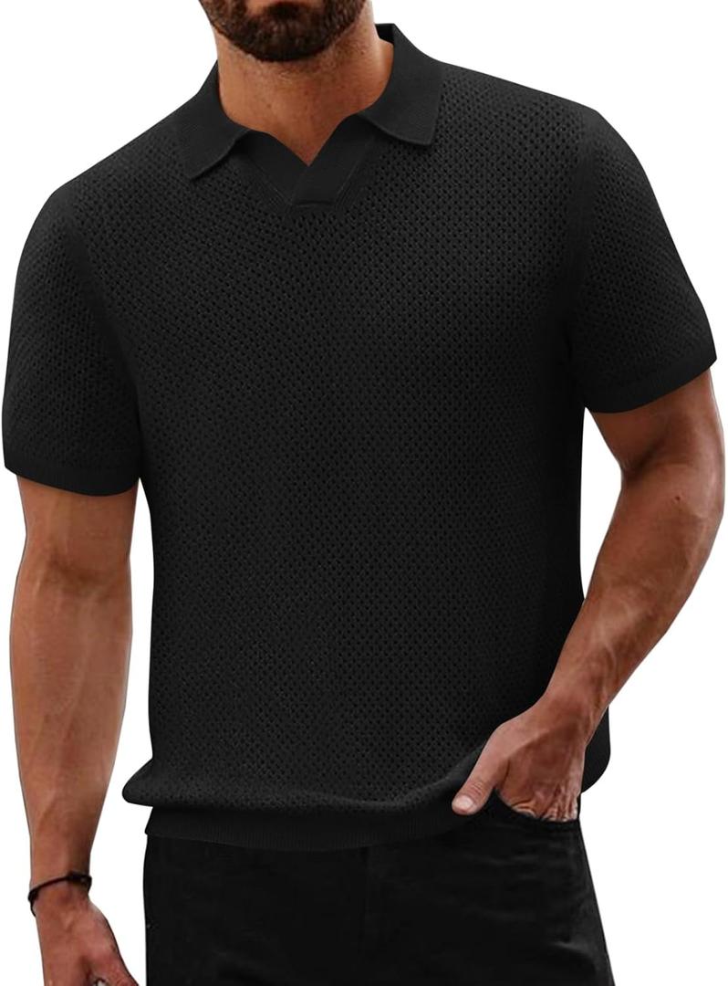 Beotyshow Mens Knit Polo Shirts Short Sleeve Hollow Out Crochet Sweater Tops Regular Fit Casual Fashion Basic Tee (Large, Black)