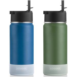 koodee Water Bottle for School 2 Pack 16 oz Stainless Steel Vscuum Insulated Sports Water Bottle with Straw for Boys (Navy-Grass Green)