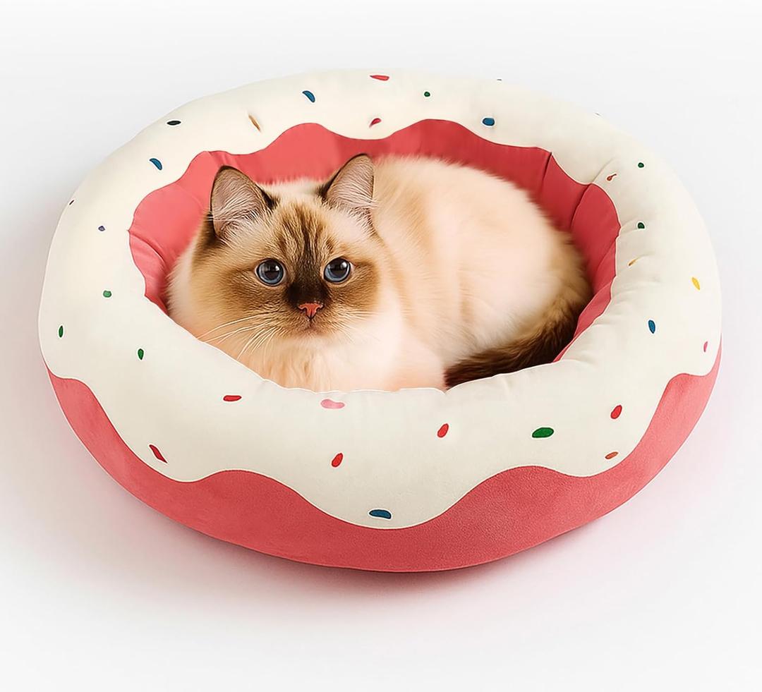 Cute Cat Beds Kitten Beds, Soft Small Dog Beds, Washable Pet Beds for Puppy and Kitty, Funny Donuts Shape, 24 Inch (Medium, Pink)