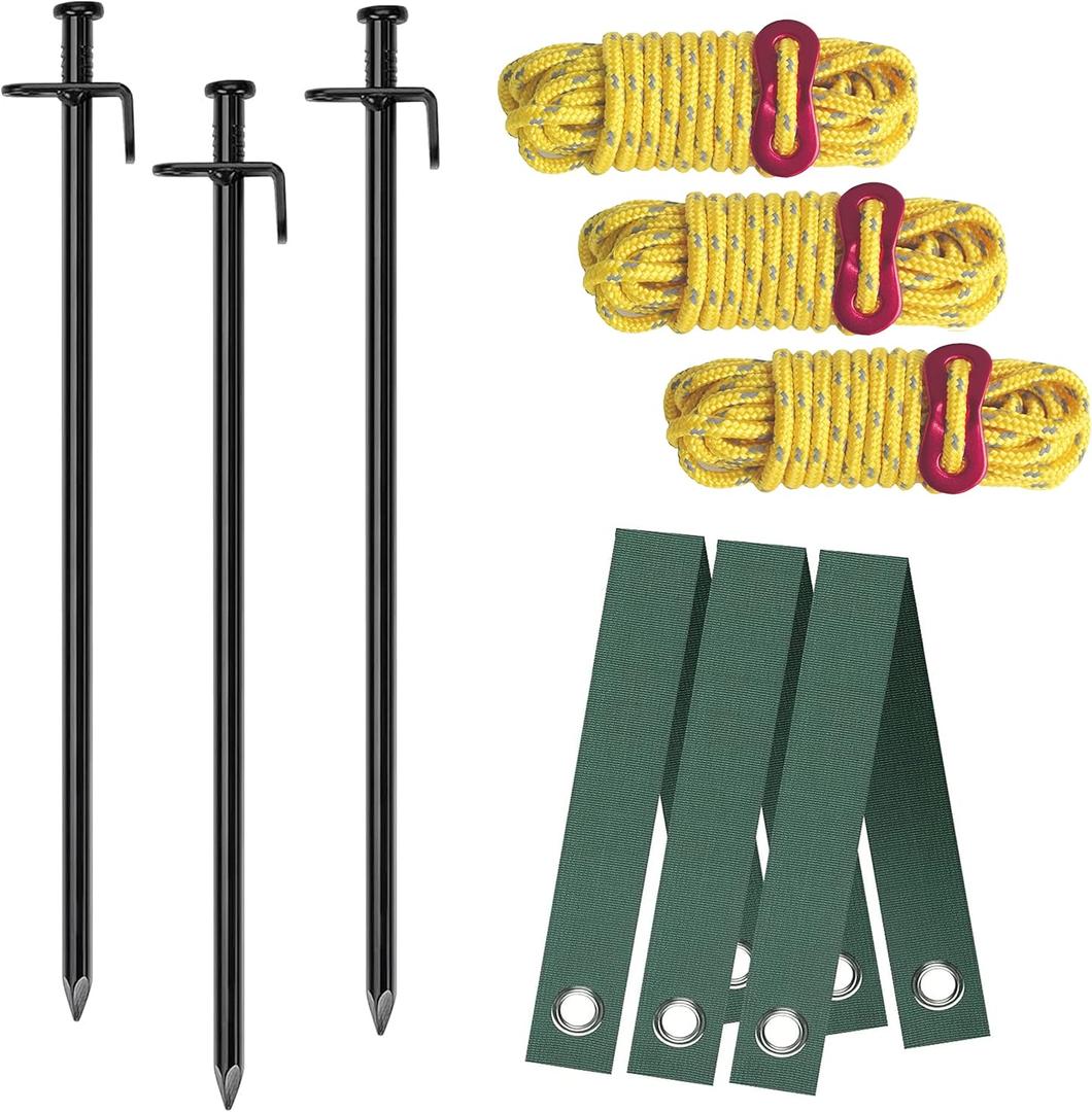 Heavy Duty Tree Stakes Kit, Supports for Leaning Trees 3pcs Metal Stakes-3pcs Straps-40ft Reflective Guy Lines Resistant to Strong Winds Anchoring Kits for Young Trees Outdoor Tent