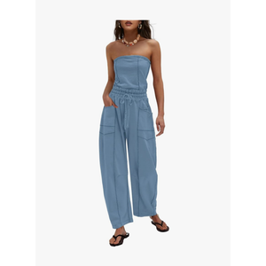LAMISSCHE Womens Casual Strapless Jumpsuits off the Shoulder Summer Rompers Sleeveless One Piece Outfits with Pockets, XL