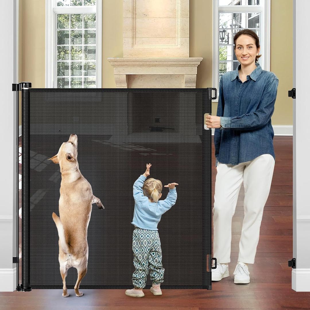 48" Extra Tall Retractable Baby Gates 55" Wide Retractable Dog Gate Tall Retractable Gate Extra Tall Baby Gate for Doorway Extra Tall Dog Gate for The House Extra Tall Pet Gate for Dogs Tall Mesh Gate (Black)