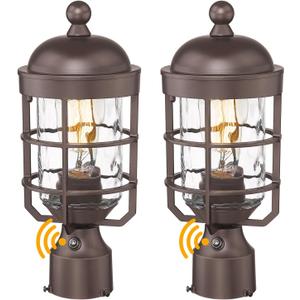 Outdoor Post Lights Dusk to Dawn Lamp Post Light Fixture with Water Ripple Glass Industrial Lantern Cage, Outdoor Pole Lights Pillar Light Posts for Outside Yard Garden, Set of 2