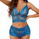 Lilosy Sexy Sheer Floral Lace Pajamas Lingerie Set High Waist Sleepwear Bra and Panty 2 Piece Nightwear, L