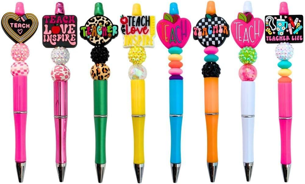 8PC Teacher Beaded Pens Ballpoint Black Pen Set Assorted Cute Stylish Colorful Writing Kit Office Supply Bulk Accessory Pack Gift Bundle Stationery Supplies for Women Teach Love Inspire Appreciation