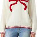 Women Bow Sweater Y2k Crewneck Long Sleeve Knitted Pullover Teen Girls Oversized Sweaters Cute Fall Tops (Medium, White)