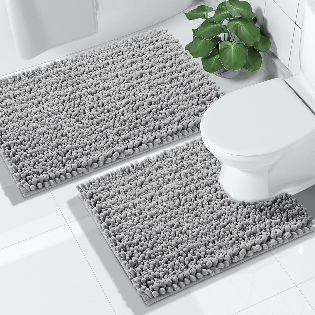 Yimobra Bathroom Rugs Sets 2 Piece - Quick Dry Extra Thick Luxury Chenille Bath Mat, Non Slip Super Absorbent for Tub Shower Sink, Machine Washable Shaggy Floor Mat, 32"x20"+24"x20" Inch, Grey