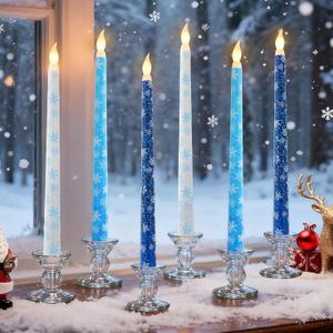 6 Pcs Snowflakes Wonderland Flameless Taper Candles 11 Inch Winter Battery Operated LED Candles Blue White Table Centerpiece for Christmas Xmas Holiday Party Decor