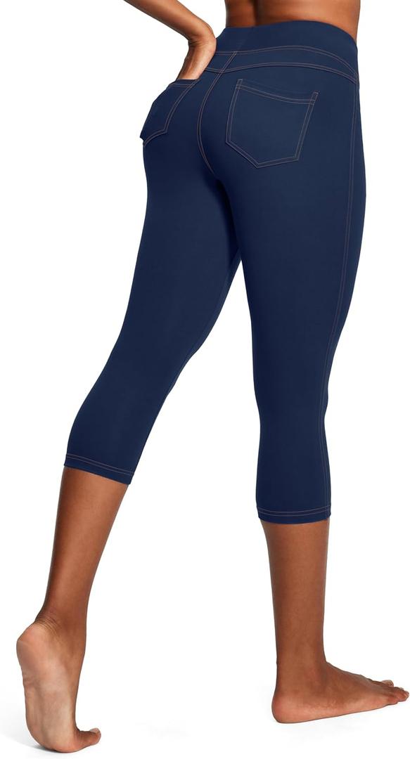 IUGA High Waisted Yoga Pants for Women with Pockets Capri Leggings for Women Workout Leggings for Women Yoga Capris (Blue, XXL)