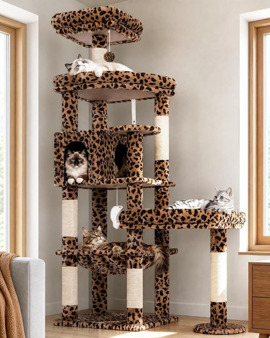 Globlazer 65in Leopard Cat Tree for Indoor Large Cats, S65, Leopard Print