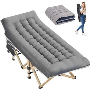 Folding Camping Cot for Sleeping, Portable Cots for Adults, Heavy Duty Cot Bed 550LBS(Max Load), Extra Wider Cots with Large Pocket for Outdoor, Office, Beach (Stripe Grey(with Mattress))