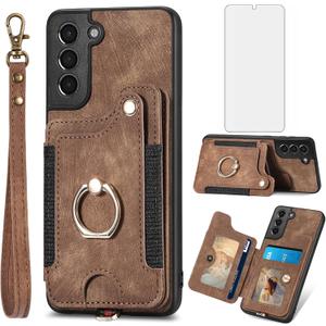 Phone Case for Samsung Galaxy S21 5G 6.2 inch Wallet Cover with Tempered Glass Screen Protector and Wrist Strap Lanyard RFID Credit Card Holder Ring Stand Cell Accessories S 21 21S G5 Women Men Brown