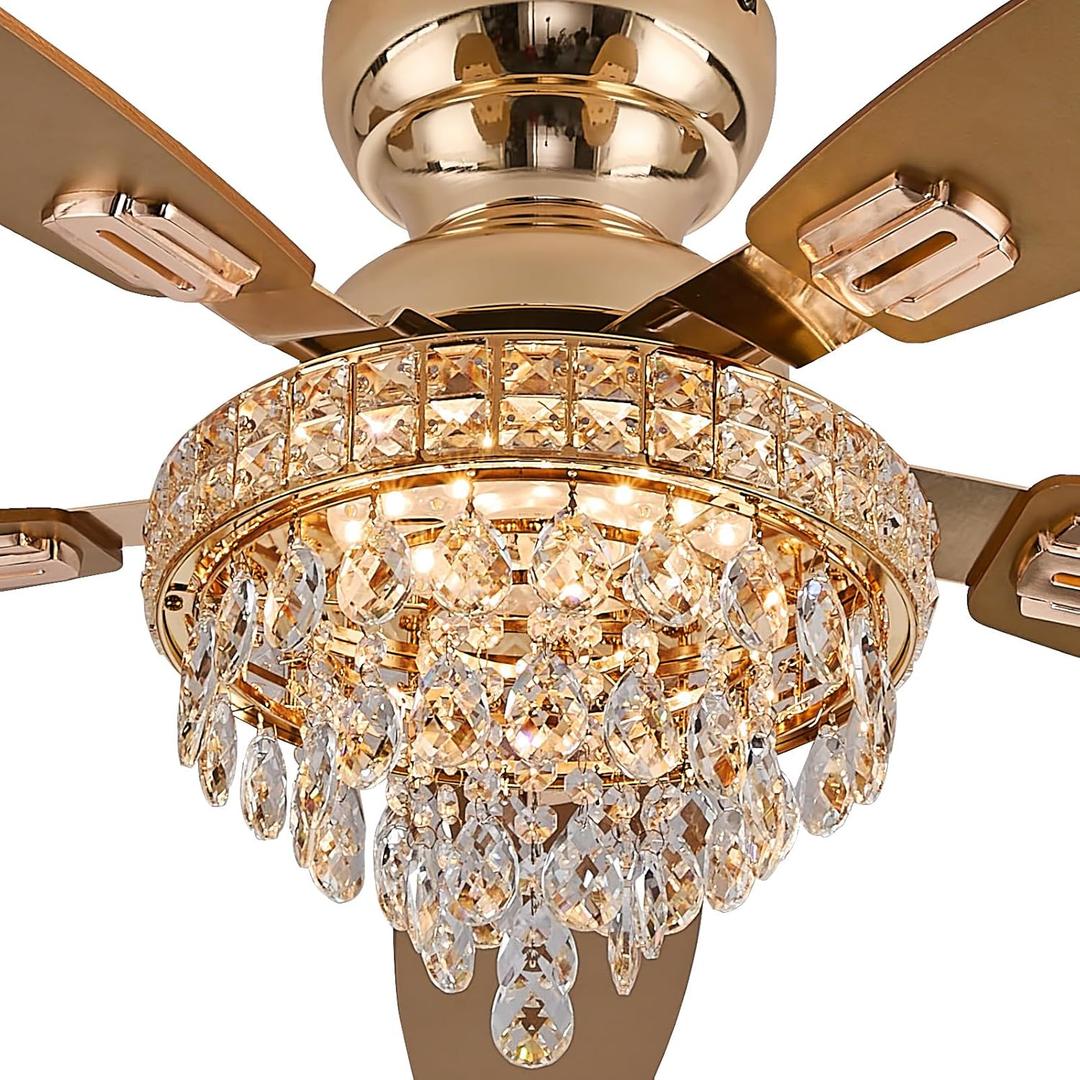 Crystal Ceiling Fan Fandelier with Lights-Ceiling Fans with Lights,50" Low Profile and Remote Control, Flush Mount, Reversible, Dimmable, Noiseless,Gold Ceiling Fan for Bedroom