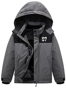 FREE SOLDIER Boys Girls Waterproof Ski Jacket Fleece Lined Warm Winter Snow Coat Kids Winter Jacket with Detachable Hood (Black Gray, 10-12/ Boy)