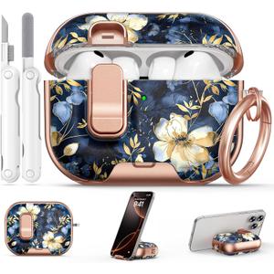 for AirPod Pro 3 Case 2025, with Safty Lock & Phone Stand for Floral AirPod Pro 3 Generation Case Cover for Women Girly, iPod Pro 3 Cases with Keychain & Cleaner Kit -Blue Gold Flower