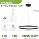 Benkut Modern LED Ring Chandelier Black Circular Pendant Light Fixture Dimmable Round Hanging Light with Remote LED Chandelier for Dining Room Kitchen Island Living Room, D23.6in