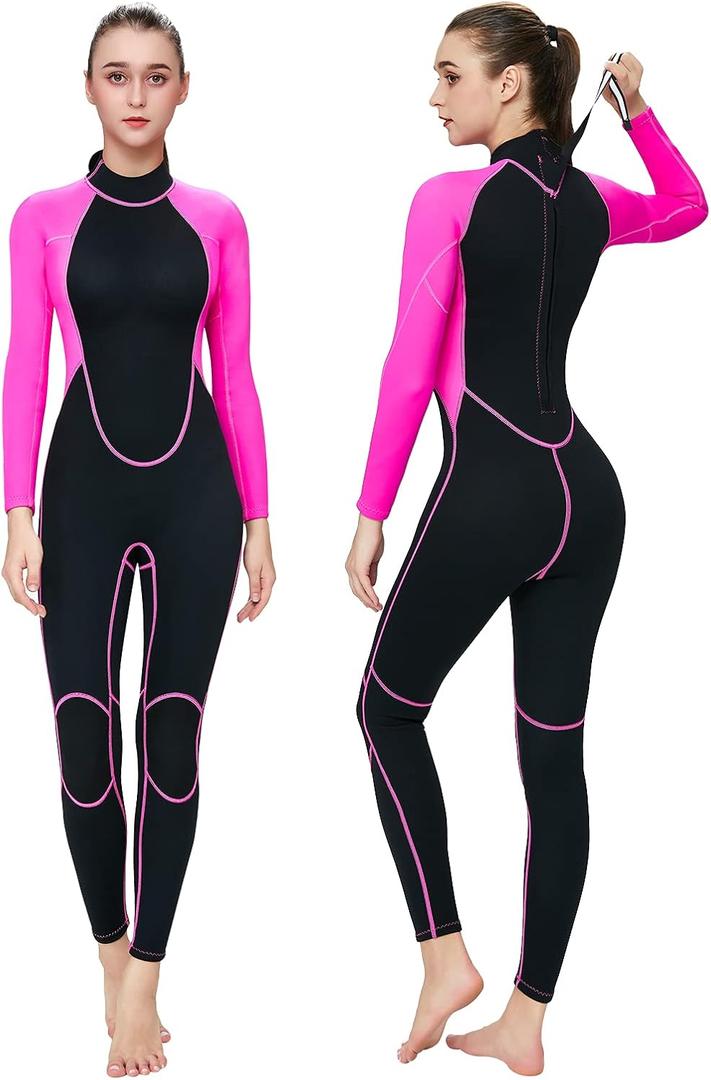 Flexel Full Wetsuit Womens 2mm,Long Sleeve Womens Neoprene Wet Suit Snorkeling Scuba Surfing Wetsuits Full Swimsuit 2mm(Black/Pink, Medium)