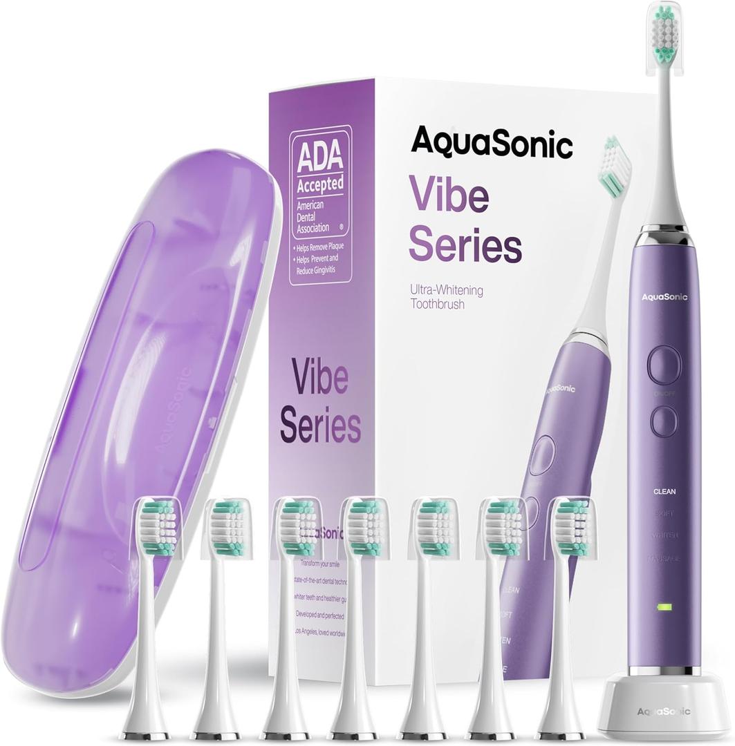 Aquasonic Vibe Series Ultra-Whitening Toothbrush  ADA Accepted Electric Toothbrush - 8 Brush Heads & Travel Case  40,000 VPM Motor & Wireless Charging - 4 Modes w Smart Timer  Satin Violet
