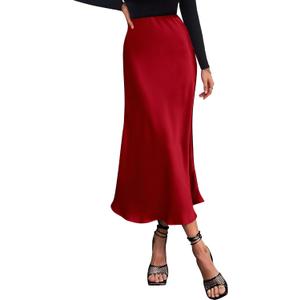 BTFBM 2025 Womens Summer Fall Long Satin Skirt Silk Elegant High Waist Cocktail Party Wedding Flowy A-Line Midi Skirts, Size: XL