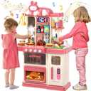 47PCS Kids Kitchen Playset with Sound & Light, Cooking Stove with Steam, Play Sink and Toy Kitchen Accessories - Pretend Kitchen Play Food Toys for Boys and Girls, Toddler Kitchen Set (Red)