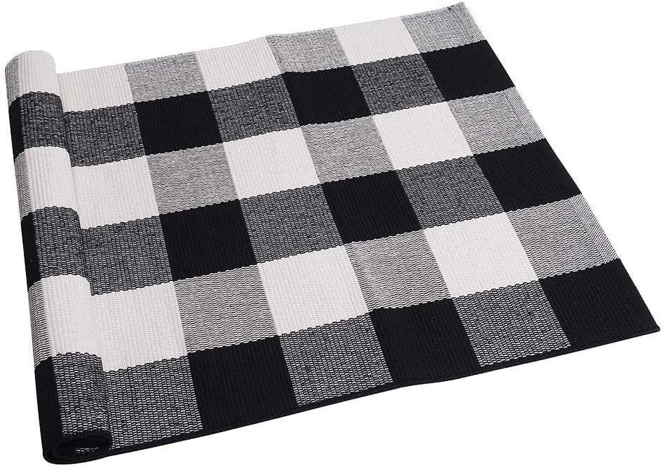 SEEKSEE Cotton Buffalo Plaid Rug 2'x3' Black and White Checked Rug Washable Doormats Indoor Outdoor Rugs for Layered Front Door Mats, Porch, Kitchen, Farmhouse, Entryway (2' x 3' (Rectangular), Black and White Plaid)