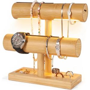LED Bamboo Jewelry Organizer Stand - Bracelet Holder, Jewelry Organizers and Storage for Necklace, Watch, Earring, Ring - Built-in LED Light Natural Wooden Jewelry Display Stand for Dresser Decor