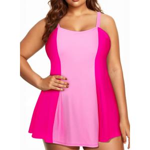 Aleumdr Women's Plus Size One Piece Swimsuit Tummy Control One Piece Bathing Suit with Skirt Vintage Swimdress with Pockets (Large, Pink)