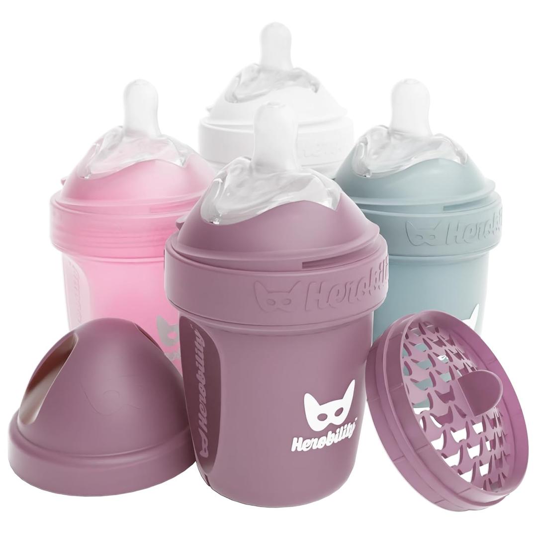Herobility Double Anti-Colic Baby Bottles  5 fl oz/140ml  4-Pack  Multicolor  White, Gray, Pink, Hawthorn Rose (5 fl oz/140 ml, White, Gray, Pink, Howthorn Rose)